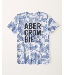 Abercrombie White/Light Blue Tropical Print Logo Graphic Tee